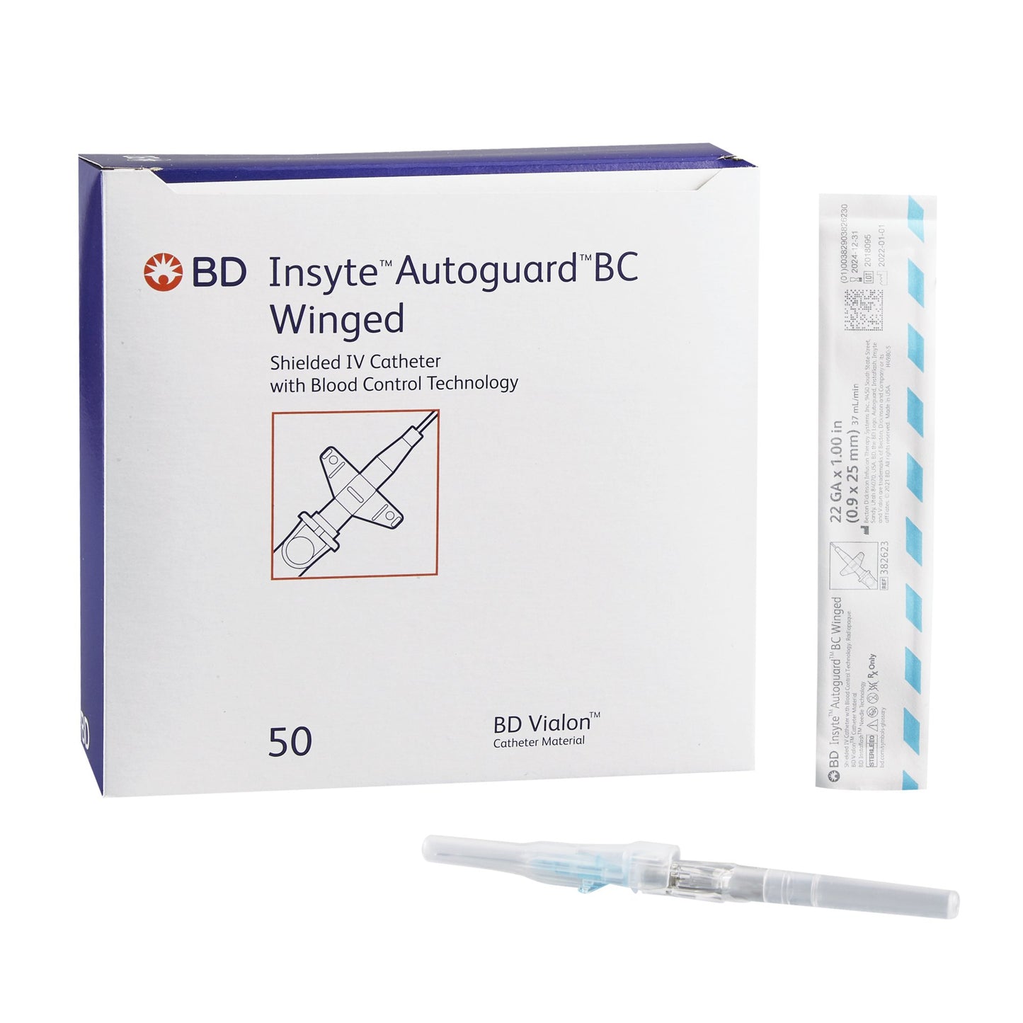 Insyte Autoguard BC Shielded Winged IV Catheter, Blue, 22G x 1"