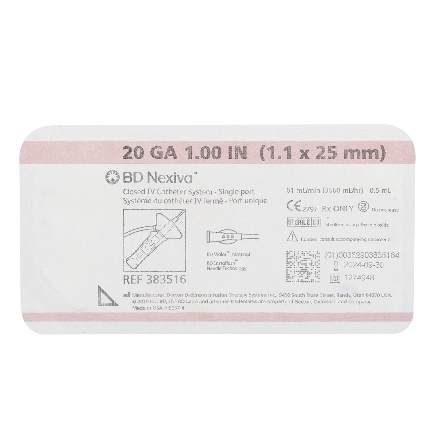 Closed IV Catheter Nexiva™ 20 Gauge 1 Inch Sliding Safety Needle