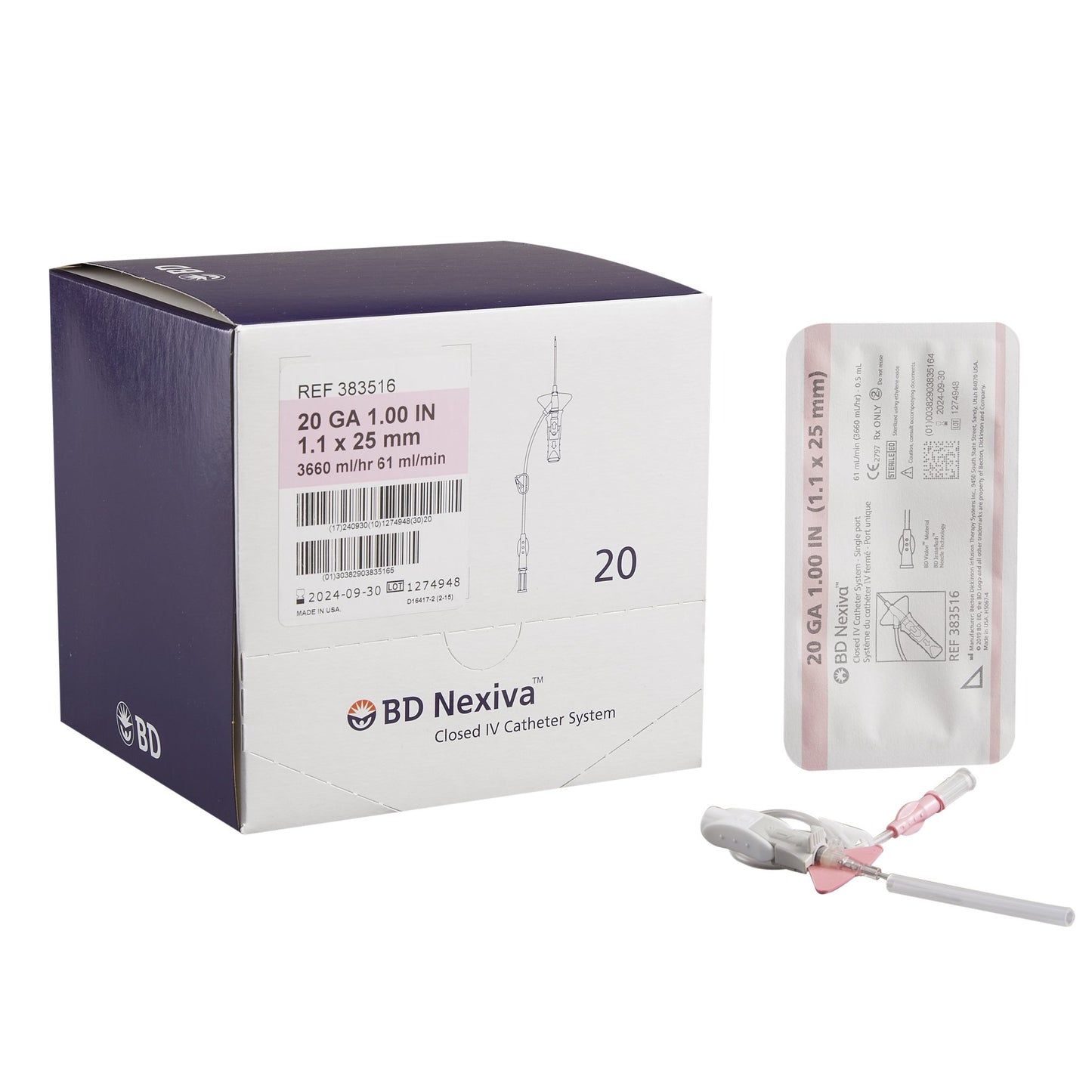 Closed IV Catheter Nexiva™ 20 Gauge 1 Inch Sliding Safety Needle